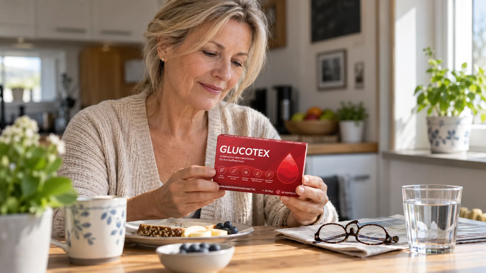 Frau prüft die Glucotex-Packung am Küchentisch – Testbericht 2026