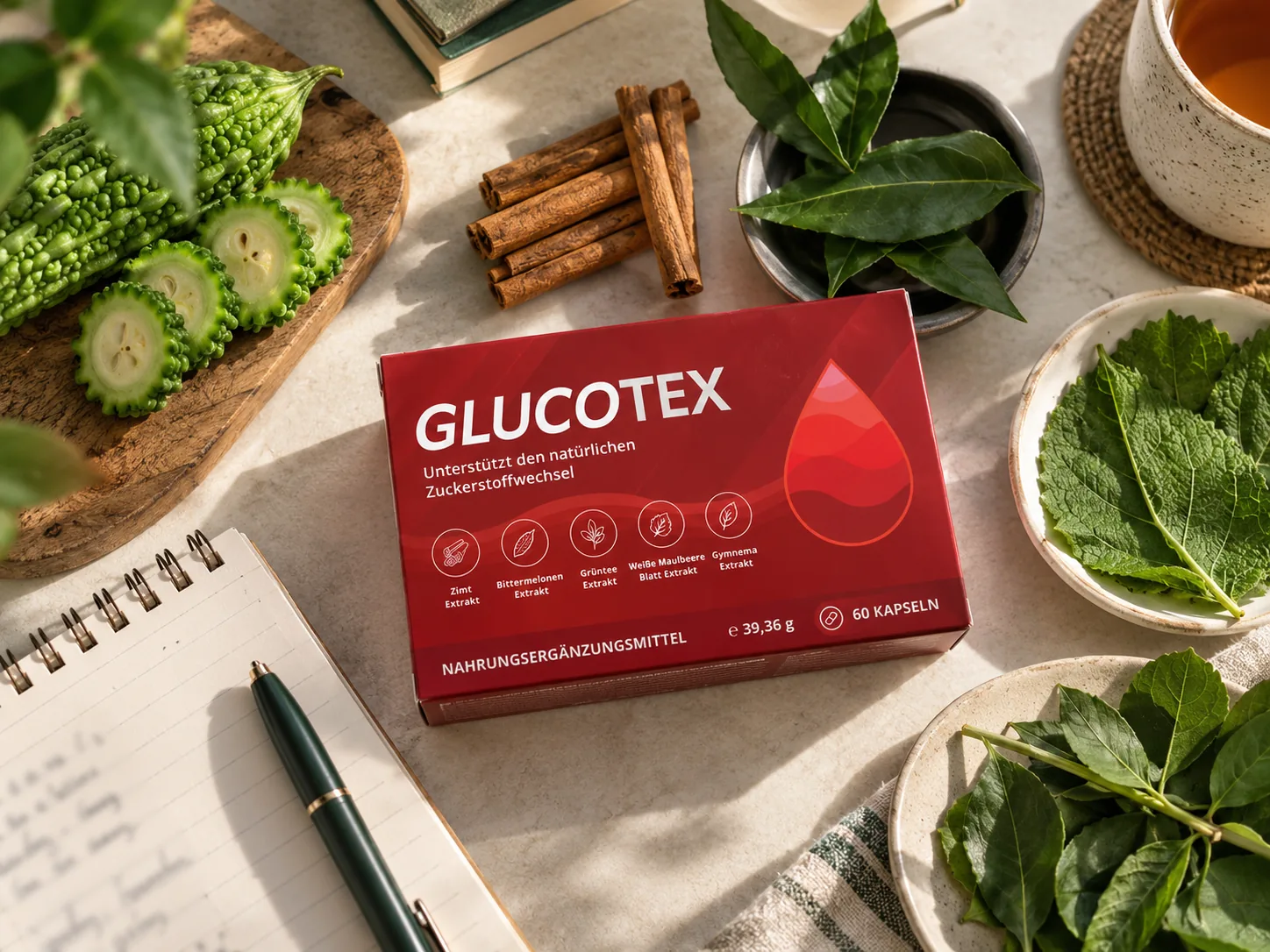 Glucotex-Packung mit Zimt, Bittermelone und weiteren Inhaltsstoffen