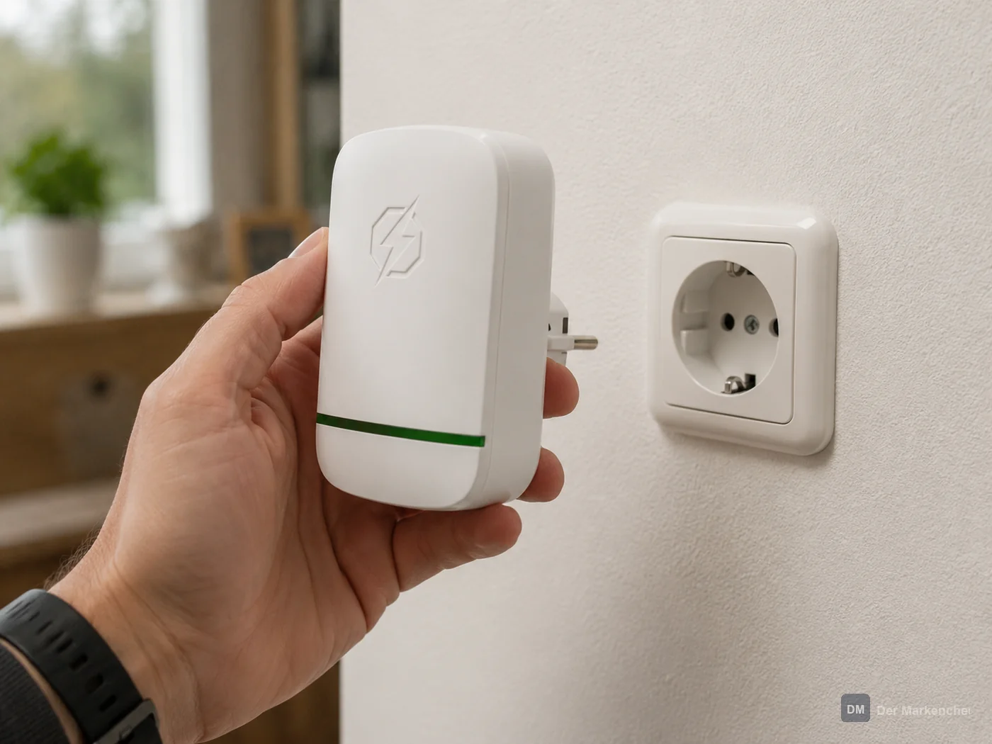 Kompaktes Steckdosengerät vor einer Schuko-Steckdose