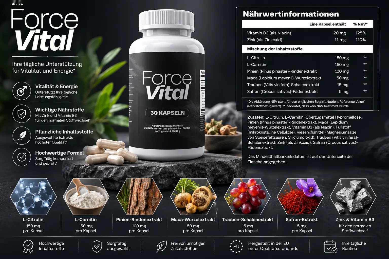 ForceVital Nährwertinformationen mit Niacin, Zink, L-Citrullin, L-Carnitin und Pflanzenextrakten
